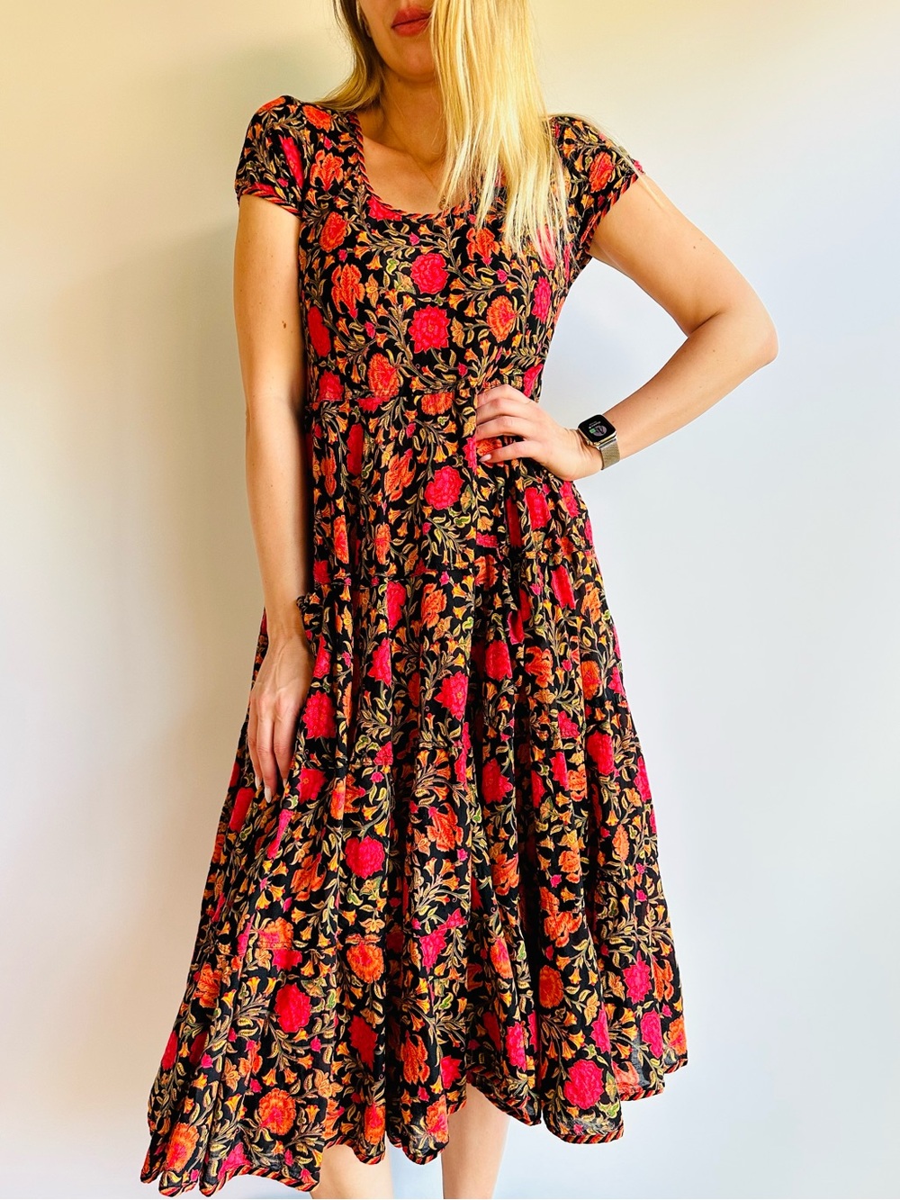 Passementrie Sedona Cap Sleeve Floral Boho A-line Flounce Hem Cotton Midi Dress